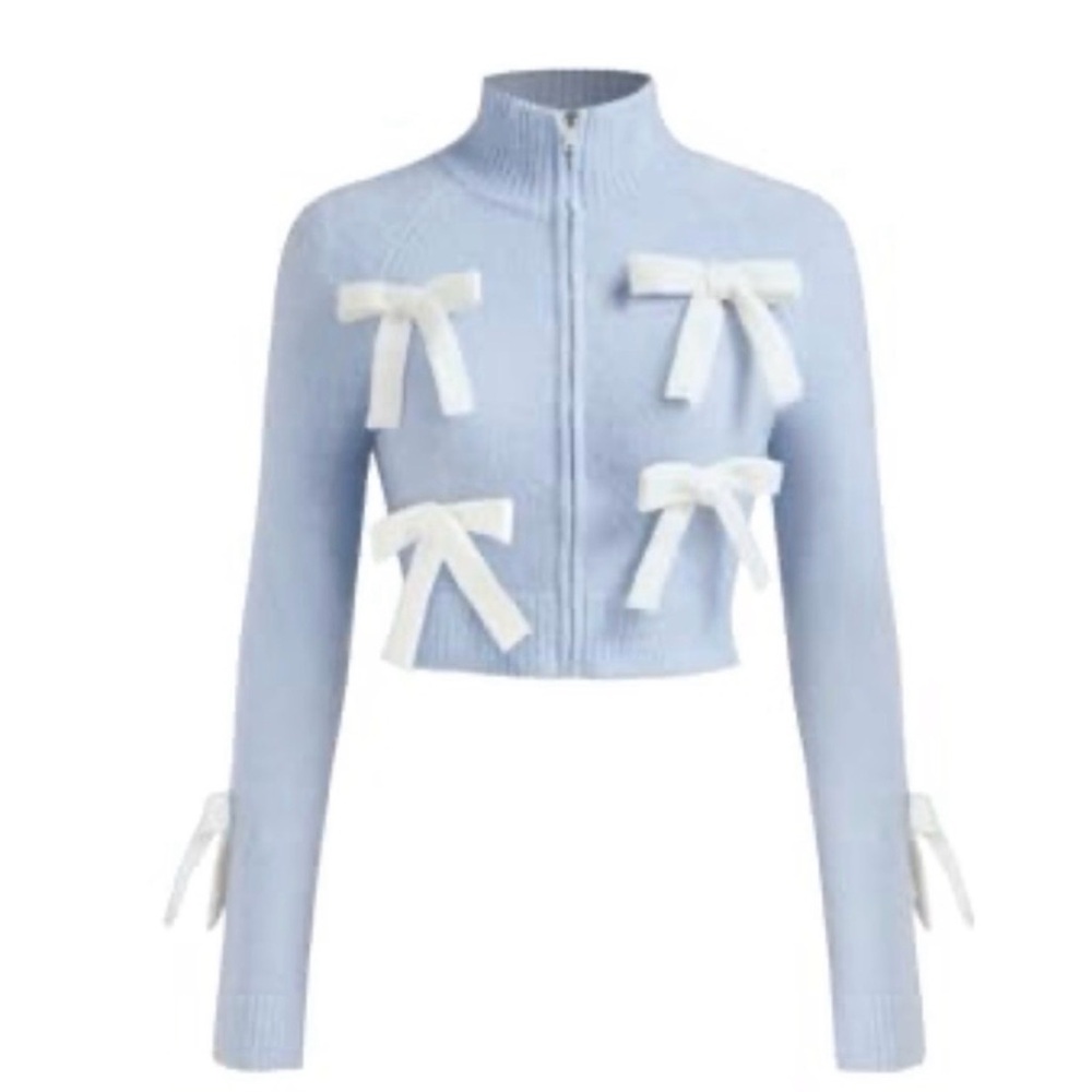 Cider Light Blue Cropped Zip Cardigan with White Bows